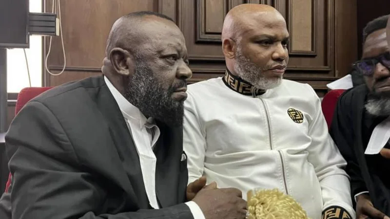 IPOB Leader, Nnamdi Kanu, and his lawyers in court in one of the proceedings at Federal High Court in Abuja