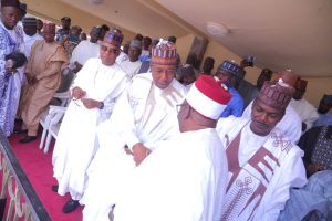 L-R: VP Kashim Shettima, Borno State Governor, Babagana Zulum and Shehu of Borno, His Eminence, Alhaji Abubakar Umar Ibn Garbai El kanemi