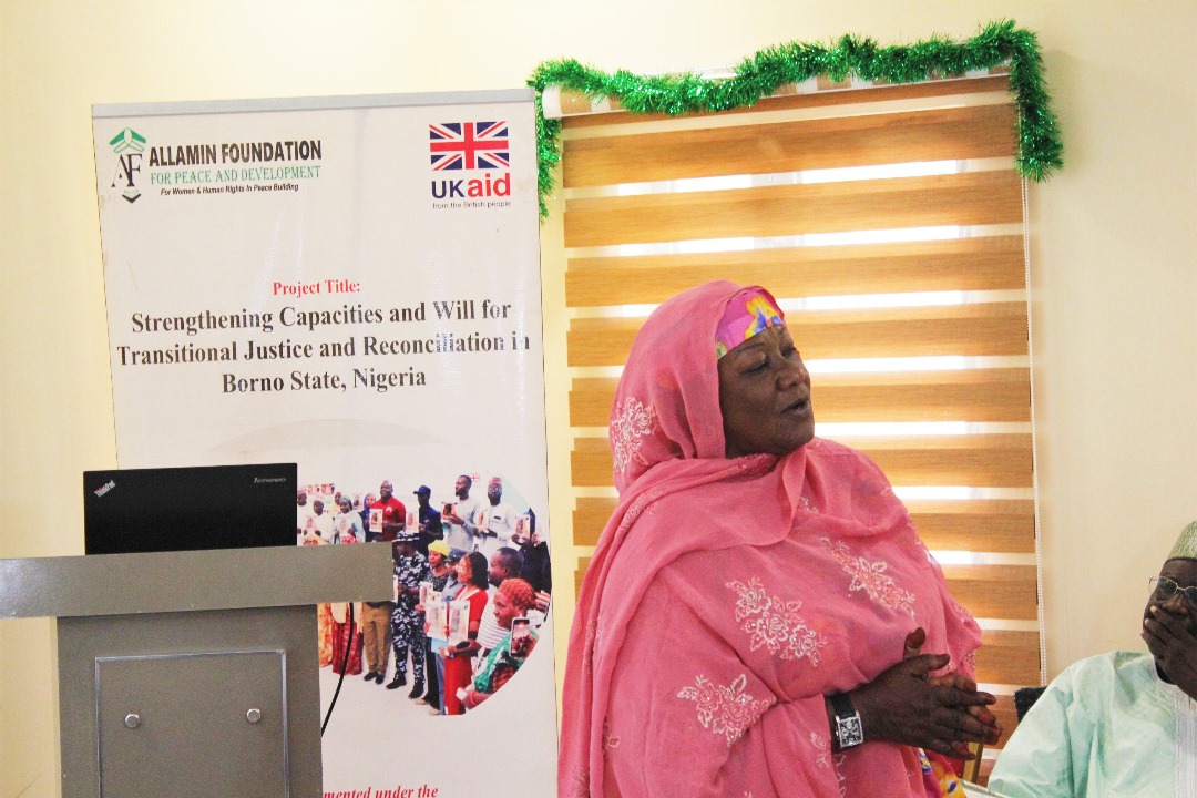 Executive Director of Allamin Foundation for Peace and Development, Hajiya Hamsatu Allamin, addressing participants at the workshop on Friday in Maiduguri