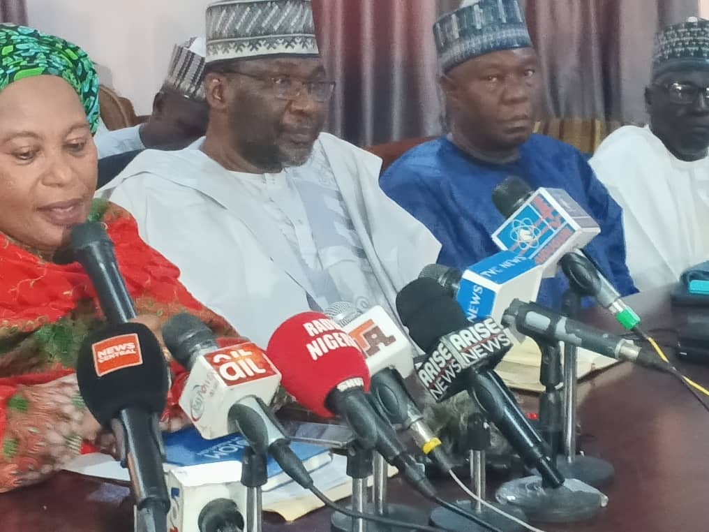 Borno State Commissioner of Information and Internal Security, Professor Usman Tar (middle) during a press conference at NUJ Press Center, Maiduguri