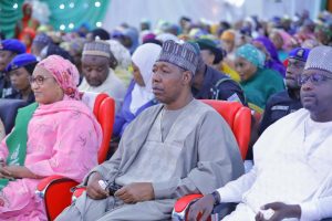 Wife of the Vice President, Hajiya Nana Kashim Shettima, Borno State Governor, Babagana Zulum and his deputy, Usman Kadufur during the flag off ceremony in Maiduguri