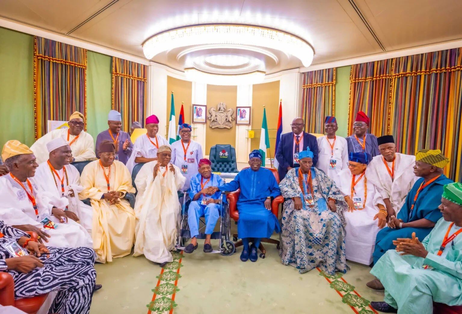 President Bola Tinubu in a group photograph with members of the Afenifere, the Yoruba Socio-Cultural organization, on Wednesday at the State House in Abuja.