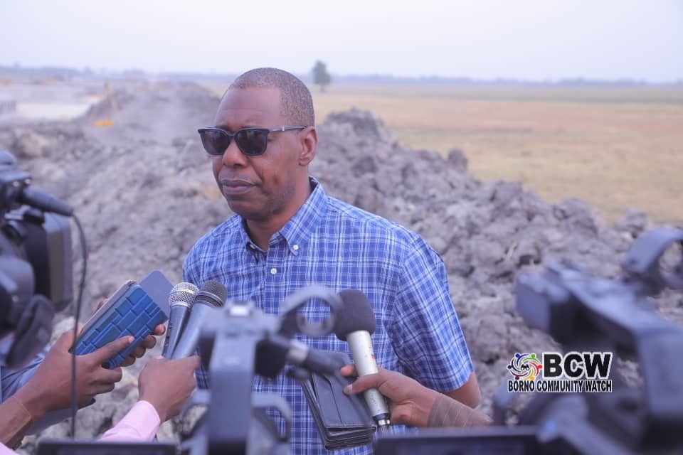 Borno State Governor, Babagana Zulum addressing newsmen in Koshebe community