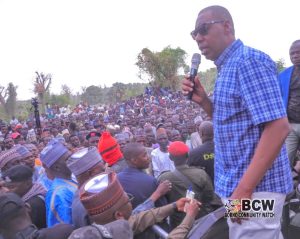Governor Babagana Zulum addressing residents of Koshebe community in Mafa LGA of Borno State.