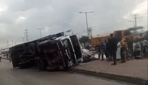 The overturned Volvo truck
