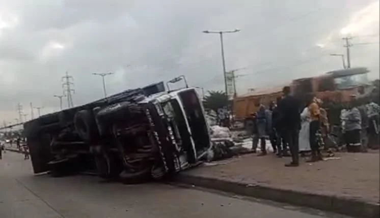 The overturned Volvo truck