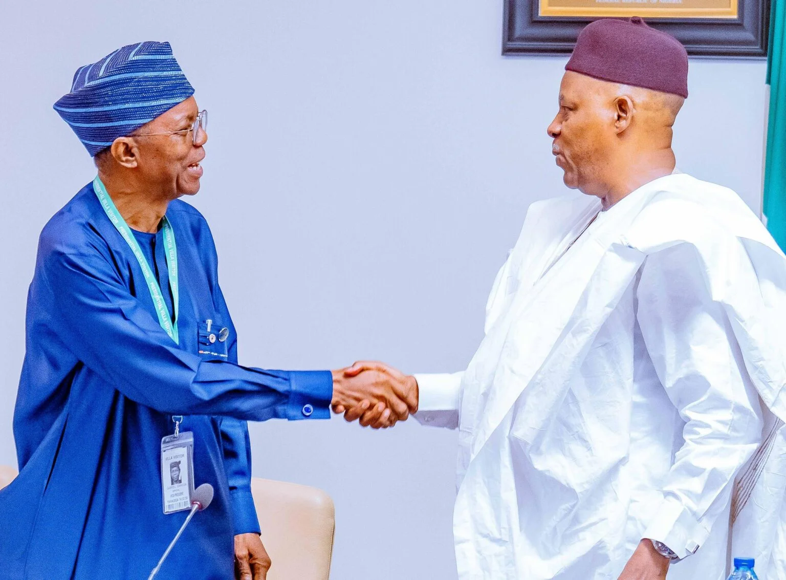Vice President Kashim Shettima and the President of Lagos Chamber of Commerce and Industry (LCCI), Gabriel Idahosa, during a courtesy visit in Abuja.