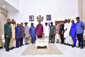 L - R: Deputy Director Legal (APC) Saturday Monsigia, Esq, APC Zonal Youth Leader South South, Comr. Ebimobowei Oyas, Member Representing Cross River Obubura/Etung at Federal House of Representatives, Rt Hon. Mike Etaba, APC Publicity Secretary South South, Mr David Okumgba, APC State Chairman, Cross Rivers State, Alphonsus Eba Oga Esq., APC Zonal Secretary South South, Dr Ita Udosen, Governor of Cross River State and Leader of APC South-South, H.E Sen. Prince Bassey Edet Otu, APC National Vice Chairman, South-South, Chief Victor T. Giadom, Chairman of APC, Akwa Ibom State, Obong Stephen Leo Ntukekpo, APC Special Leader South South, Chief Edet Asia, APC State Chairman Edo, Jarrett Temene, APC Organizing Secretary South, Dr. Blessing Agbomhere Esq.,. APC Chairman Rivers State, Chief Tony Okocha, APC Zonal Legal Adviser, ⁠Barr. Chukwuemeke Ogbuobodo and Chief of Staff to Governor of Cross Rivers State, ⁠Hon. Emmanuel Ironbar, during the APC, South South Zonal Meeting in Calabar, on Saturday