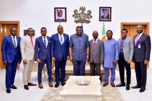 From R-L: Hon. Oden, member, Ewa, Hon. Johnson Ebekpo Jnr, member, Pastor Bong Duke, member, Prof. Peter Otu ( alternate chairman), Governor Bassey Otu, Chairman, Hon. Ededem Ani, member, Hon. Mike Odere, member, Mr. Victor Asuquo and Dr. Francis Ntamu, Secretary.