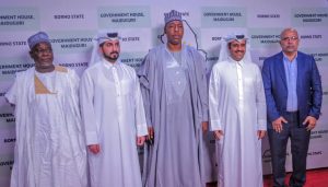 L-R Director Nigeria Arabic Village, Prof Ibrahim Mohammed, Assistant Ambassador of State of Qatar Mission in Nigeria, Mr Abdullah Hilal Alnuimi, Borno State Governor, Babagana Umara Zulum, Ambassador of State of Qatar Mission in Nigeria, Dr Ali Bn Ghanem Al-Hajri, and the Country Director of Qatar Charity Organisation in Nigeria, Handing Abdou.