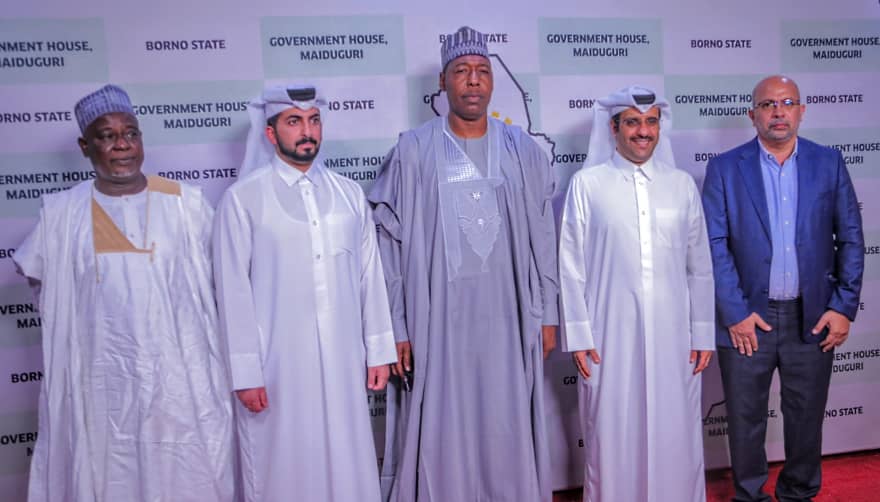 L-R Director Nigeria Arabic Village, Prof Ibrahim Mohammed, Assistant Ambassador of State of Qatar Mission in Nigeria, Mr Abdullah Hilal Alnuimi, Borno State Governor, Babagana Umara Zulum, Ambassador of State of Qatar Mission in Nigeria, Dr Ali Bn Ghanem Al-Hajri, and the Country Director of Qatar Charity Organisation in Nigeria, Handing Abdou.