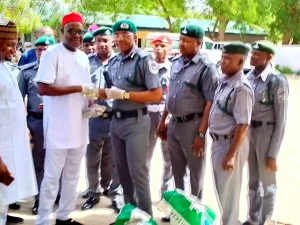 Area Comptroller of the command, Mr Iheanacho Ernest- Ejike, handing over the explosive items to the DSS in Birnin Kebbi