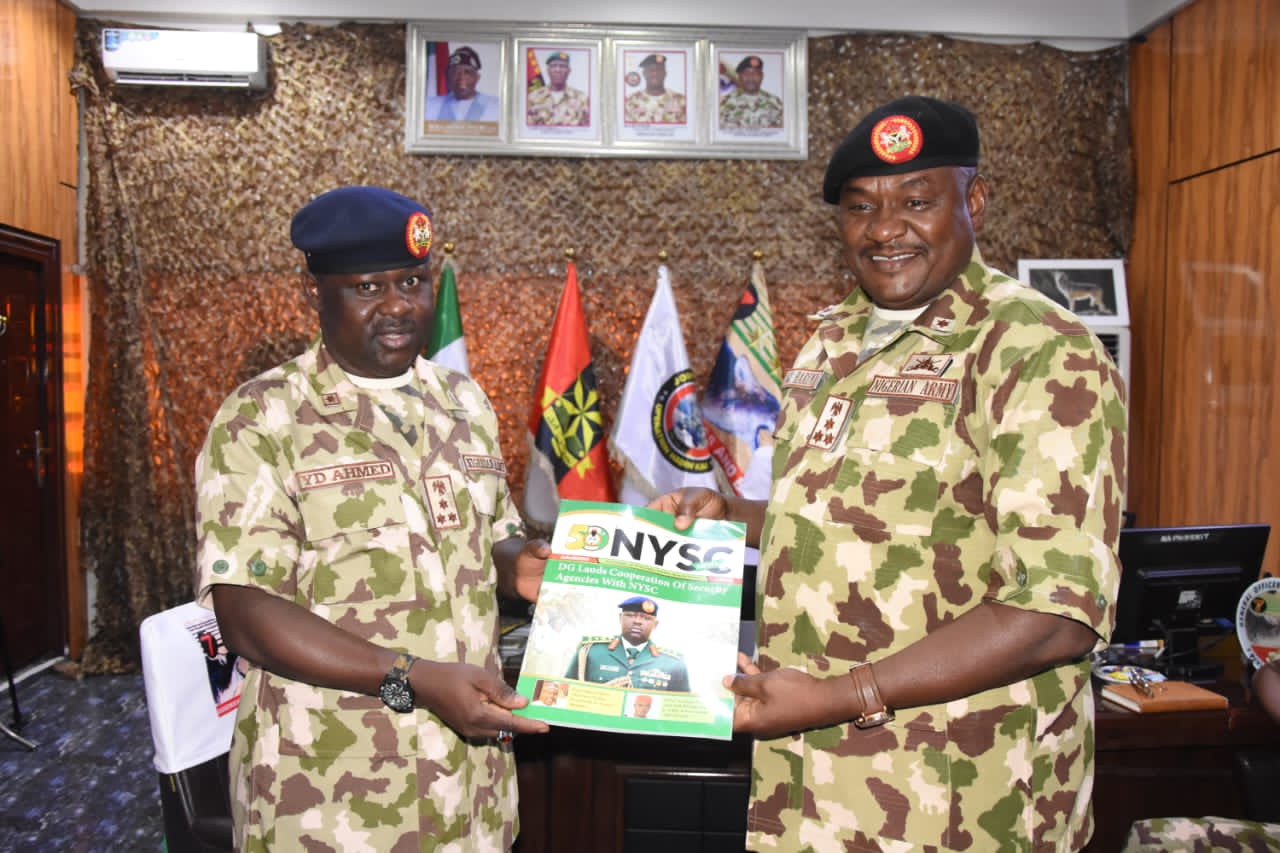 NYSC DG, Brigadier General YD Ahmed, and the GOC 7 Division and Commander Sector 1 Operation HADIN KAI (OPHK), Brigadier General Abubakar Haruna during a courtesy visit on at the division's Headquarters in Maimalari Cantonment, on Saturday.