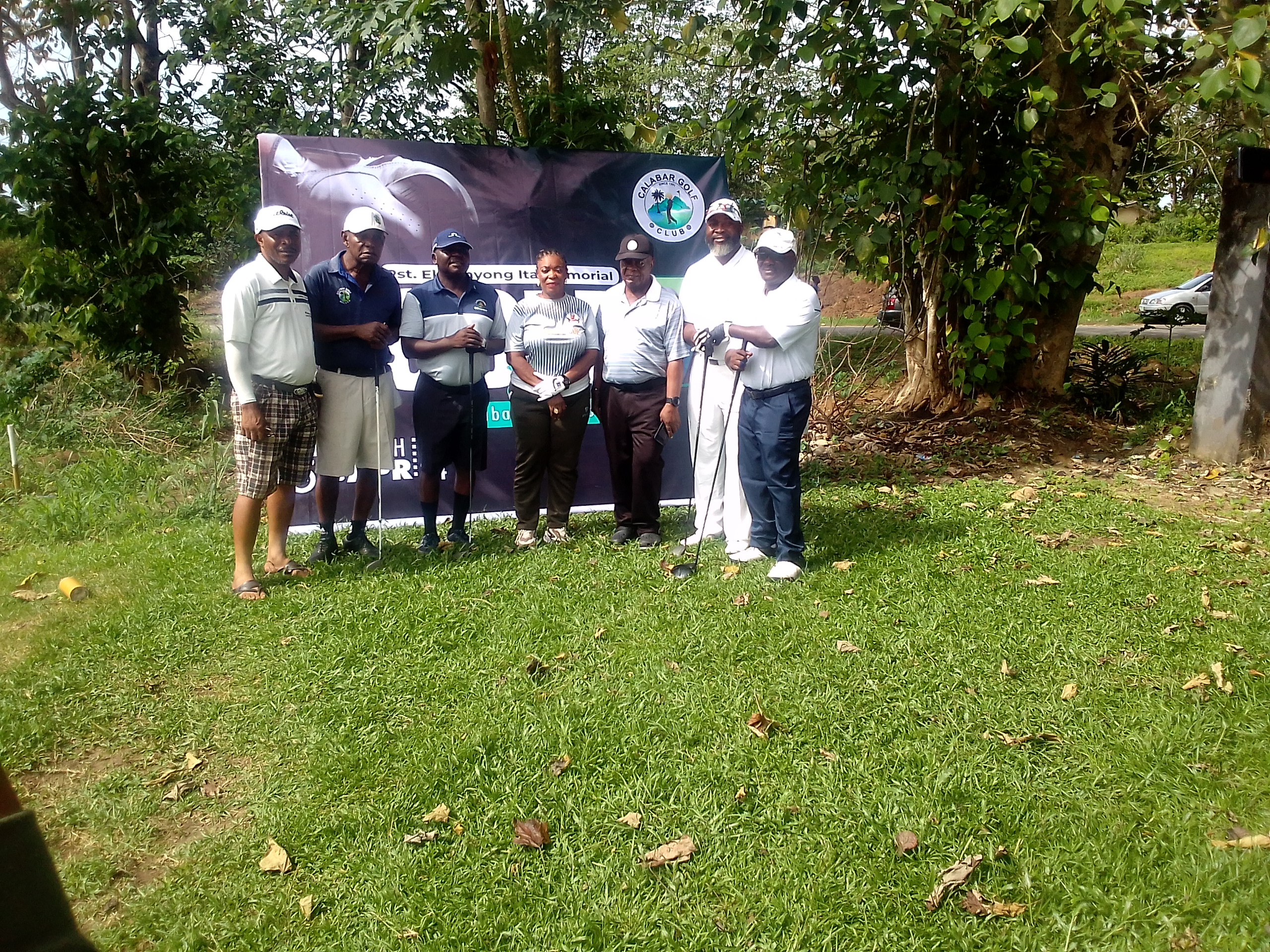 L-R Samson Onah Secretary Càlabar Golf Club Major Mike Otiwa Rtd. Major General Ahmed Sabo Captain of Calabar Golf Club Hon Agnes Atsu Hon.Commissiomer of Sports Development (CRS) Represented the Governor, Col Pam Ogar Rtd, BOT member Calabar Golf Club Nyoki Ita host of the Memorial Golf kitty and Eja Dons Esege, BOT member of Càlabar Golf Club