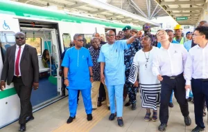 FCT Minister, Nyesom Wike during an inspection tour of the project from the Metro Station in Central Area to the Nnamdi Azikiwe International Airport, Abuja, on Friday.