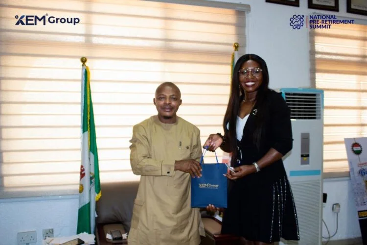 NLC President, Mr Joe Ajaero and CEO of XEM Group, Dr Eugenia Ndukwe, during a visit to the Labour House, ahead of the 2024 Pre-retirement Summit in Abuja