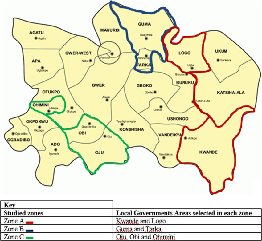 The map of Benue State and the 23 Local Government Areas showing local governments and