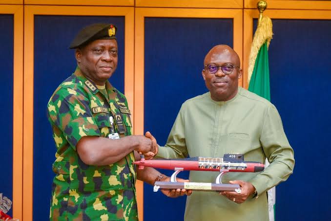 Chief of Naval Staff (CNS), Vice Adm. Emmanuel Ogalla and the Rivers State Governor, Siminalayi Fubara during a courtesy visit at Government House, Port-Harcourt