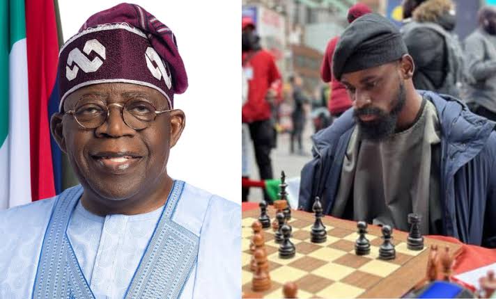 President Bola Tinubu and Tunde Onakoya, who set a new Guinness World Record on chess