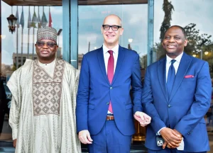 The DG National Orientation Agency (NOA) Mallam Lanre Issa-Onilu with the Country Rep. United Nations Office on Drugs and Crime (UNODC) Oliver Stolpe and the Secretary to the National Drug Law Enforcement Agency (NDLEA) Bar. Shadrach Haruna