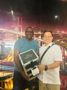 Prof Babatunde Rabiu, Director, UN-ARCSSTE-E and Prof. He Xiaochun, Georgia State University, with the Cosmic Ray Muon Detector