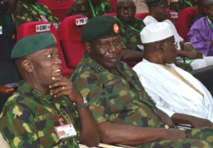 From the left: The Chief of Army Staff , Lt;-Gen . Taoreed Lagbaja, in the middle, the Commander, Infantry Corps, Maj.-Gen. Olufemi Oluyede and from the right the former Chief of Army Staff, retired Lt.-Gen. Faruk Yahaya, at the Combat Arms Training Week at Jaji Kaduna on Tuesday