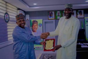 Borno State Commissioner of Information and Internal Security, Prof. Usman Tar, and the newly posted State Director of Security for the Department of State Services (DSS), Borno State command, Adamu Ahmad Uma, during a courtesy visit on Friday in Maiduguri.