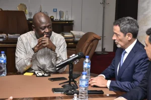 Minister of State Petroleum Resources (Oil), Sen. Heineken Lokpobiri in conversation with the CEO, Schlumberger, Mr Olivier Le Peuch during his courtesy visit