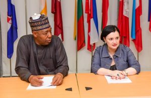 Borno State Governor, Babagana Zulum and the ECOWAS Ambassador to Nigeria, Ms Samuela Isopi, during a meeting in Abuja