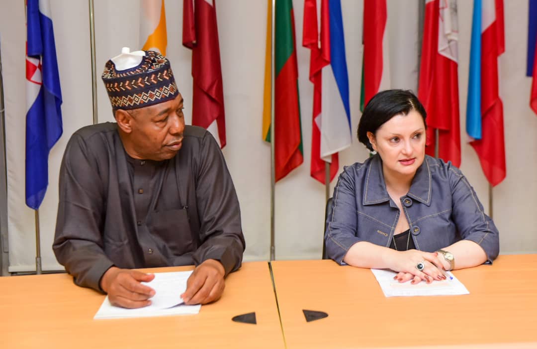 Borno State Governor, Babagana Zulum and the ECOWAS Ambassador to Nigeria, Ms Samuela Isopi, during a meeting in Abuja
