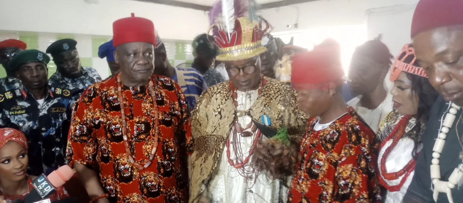 From left, D-G, Confederation of APC Support Groups, Prof. Kailani Muhammed,the Dr Ochendo Ogidi and Prof. Muhammad Adelaja at the conferment of chieftaincy titles in Abuja.