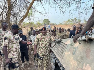 Brig. Gen. Abubakar Haruna during a visit to the frontline troops in the outskirts of Sambisa forest in Konduga Local Government Area of Borno.