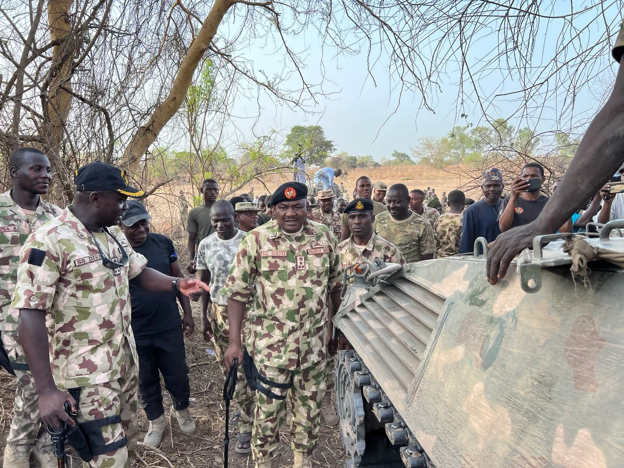 Brig. Gen. Abubakar Haruna during a visit to the frontline troops in the outskirts of Sambisa forest in Konduga Local Government Area of Borno.