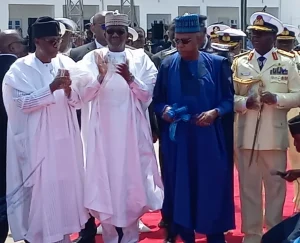 The Vice President, Mr Kashim Shettima in blue flanked by the CNS, Vice Adm. Emmanuel Ogalla, the Minister of State for Defence, Mr Bello Matawalle and former Governor of Ogun State, Mr Gbenga Daniel.
