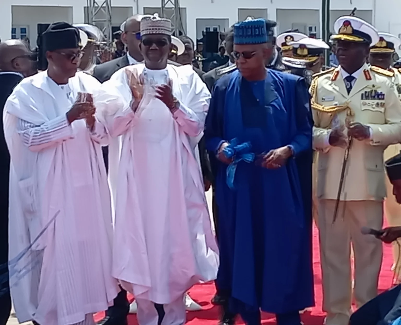 The Vice President, Mr Kashim Shettima in blue flanked by the CNS, Vice Adm. Emmanuel Ogalla, the Minister of State for Defence, Mr Bello Matawalle and former Governor of Ogun State, Mr Gbenga Daniel.