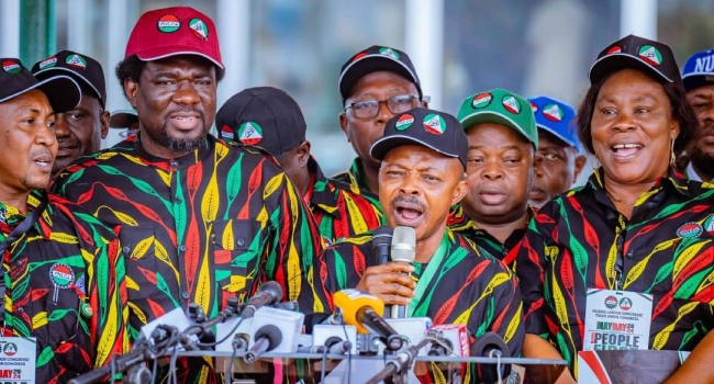 FILES: Labour leaders Festus Osifo (second left) and Joe Ajaero (second right) at the 2024 Workers’ Day in Abuja
