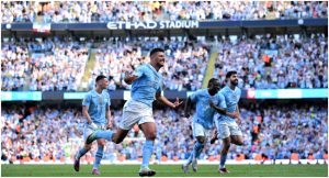 Manchester City’s Spanish midfielder #16 Rodri (L) celebrates scoring the team’s third goal during the English Premier League football match between Manchester City and West Ham United at the Etihad Stadium in Manchester, north west England, on May 19, 2024. (Photo by Oli SCARFF / AFP)