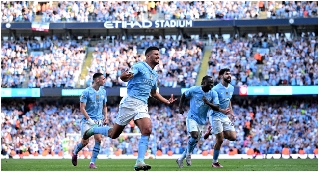 Manchester City’s Spanish midfielder #16 Rodri (L) celebrates scoring the team’s third goal during the English Premier League football match between Manchester City and West Ham United at the Etihad Stadium in Manchester, north west England, on May 19, 2024. (Photo by Oli SCARFF / AFP)