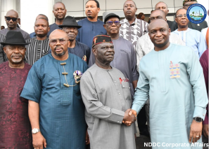 The NDDC Managing Director, Dr Samuel Ogbuku, (right) welcoming the President, Pan Niger Delta Forum, PANDEF, Senator Emmanuel Ibok-Essien (2nd right) during a meeting with Leaders of Ethnic Nationalities, Professional Bodies and Critical Stakeholders from the Niger Delta Region at the Commission’s headquarters in Port Harcourt.