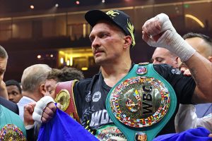 Oleksandr Usyk celebrates his victory over Tyson Fury at Kingdom Arena in Riyadh, Saudi Arabia on May 19, 2024. Photo: Fayez NURELDINE / AFP