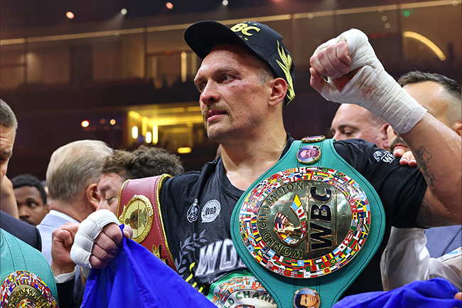Oleksandr Usyk celebrates his victory over Tyson Fury at Kingdom Arena in Riyadh, Saudi Arabia on May 19, 2024. Photo: Fayez NURELDINE / AFP