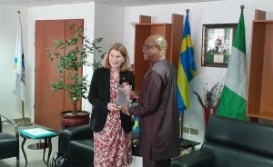 Swedish Ambassador to Nigeria, Hahn-Englund and FCT Minister, Nyesom Wike, during a courtesy visit to the minister in Abuja