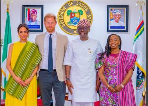 L-R: Duchess of Sussex, Meghan Markle; the Duke, Prince Harry; Governor of Lagos State, Babajide Sanwo-Olu and the First Lady, Dr. Ibijoke Sanwo-Olu during a courtesy visit by the Duke and Duchess at the Lagos House, Marina, on Sunday, May 12, 2024