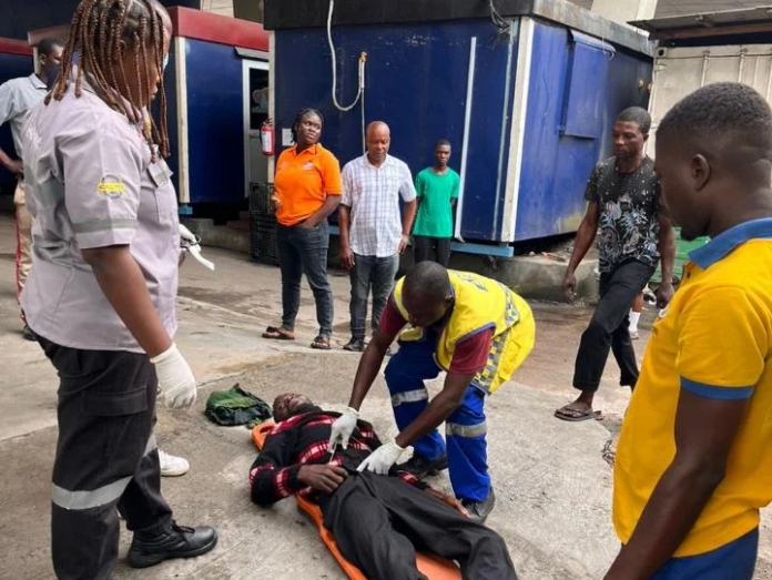 Operatives trying to resuscitate the man who mistakenly fell into Lagos lagoon.