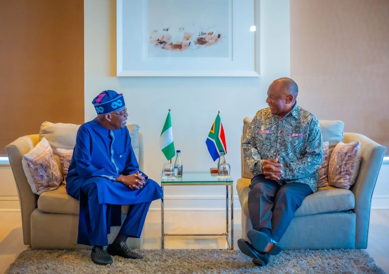 President Bola Tinubu with President Cyril Ramaphosa on Thursday in Johannesburg, South Africa