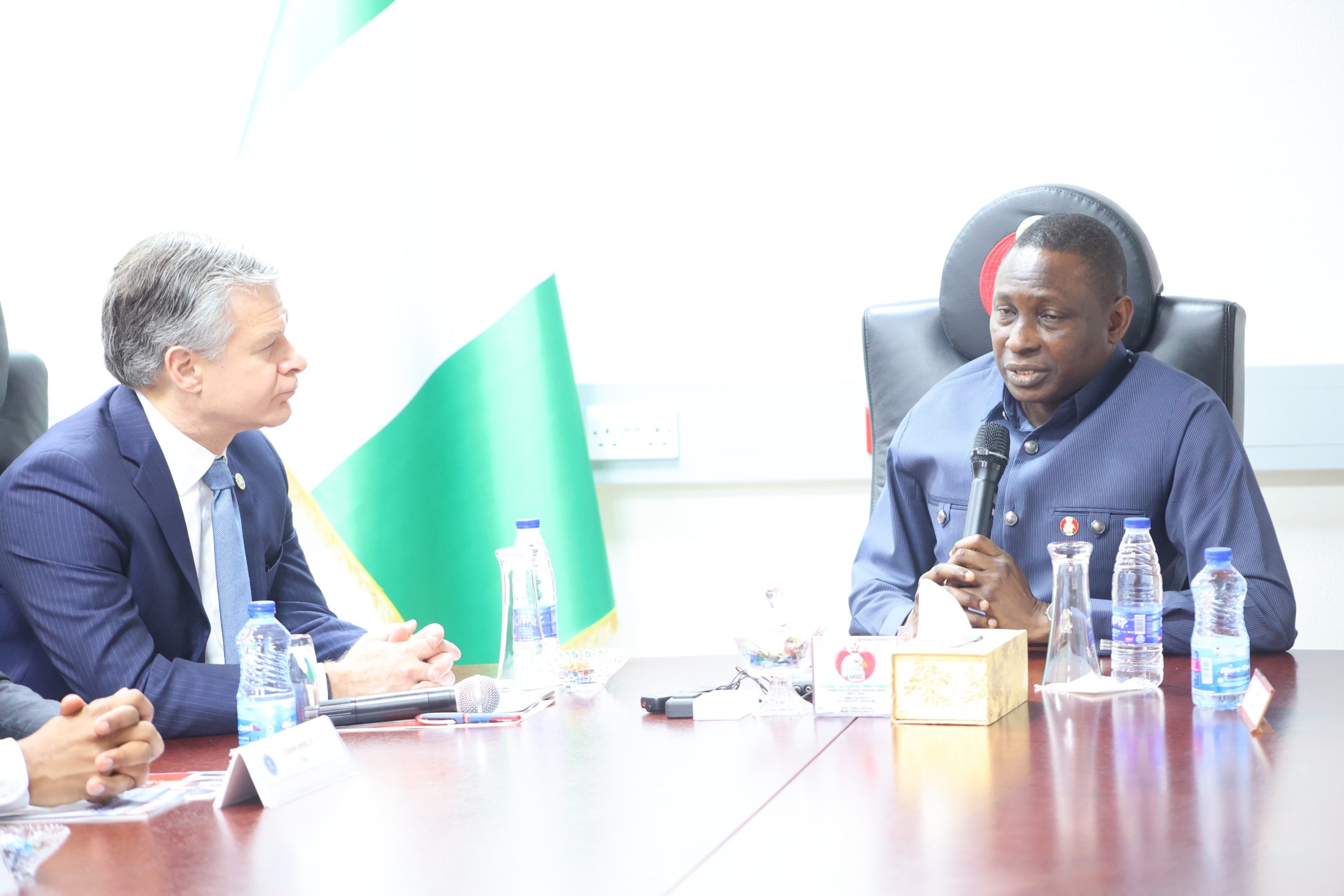 Christopher Wray, FBI’s Director and the EFCC’s Executive Chairman, Mr. Ola Olukoyede, during a visit on Friday at the Commission’s Abuja corporate headquarters.