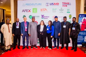 Ms Michelle Corzine (5th from right) with other participants at a partnership meeting with some stakeholders on Monday in Abuja.