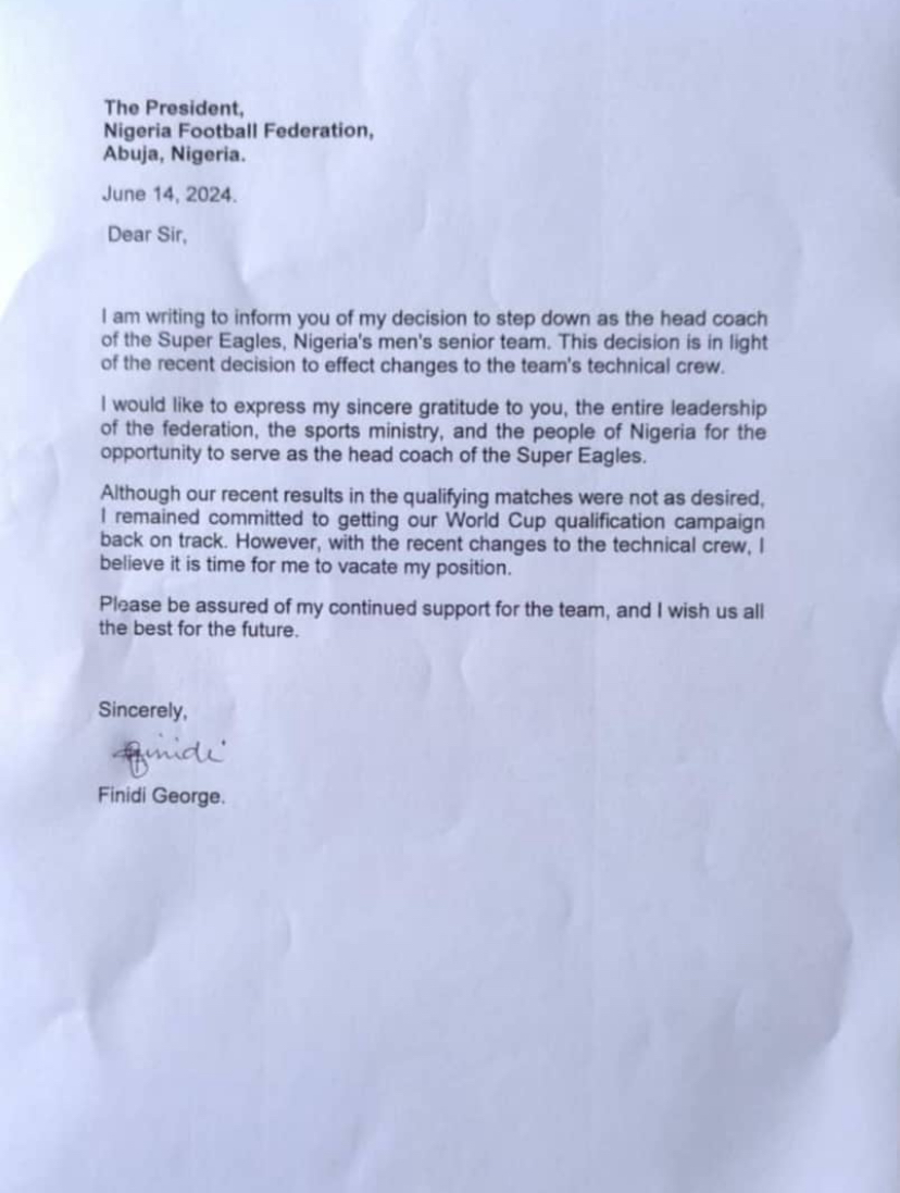 Finidi George explains why he resigned as Super Eagles Head Coach 3 Finidis resignation letter
