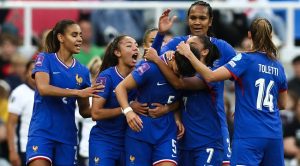Frances defender 05 Elisa de Almeida C celebrates with teammates after scoring her team first goal during the UEFA Womens Euro 2025 lEuro2025WomenEngFraQualifier 1