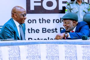 GCEO NNPC Ltd, Mr. Mele Kyari in a chat with the Chief Justice of the Federation, Hon. Olukayode Ariwoola, during the National Capacity Building Workshop for Judges on the Petroleum Industry Act (PIA) 2021 organised by the National Judicial Institute (NJI), in Abuja, on Thursday.